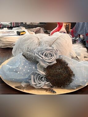 Ladies Kentucky Derby Light Blue Floral Feather Hat with Hat Box and Box Carrier